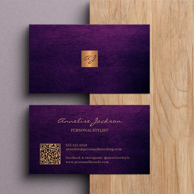 QR elegant luxury purple leather gold monogram  Business Card (Creator Uploaded)