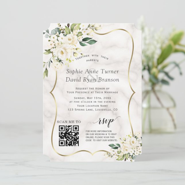 QR Elegant White Flowers Gold Marble Wedding Invitation (Standing Front)