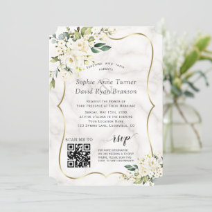 QR Elegant White Flowers Gold Marble Wedding Invitation