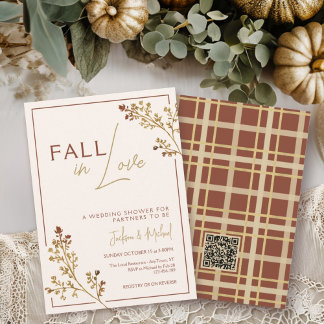 QR Fall In Love Fall Foliage Plaid Wedding Shower Invitation