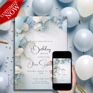 QR Festive Sky Blue White Flowers and Balloons Invitation