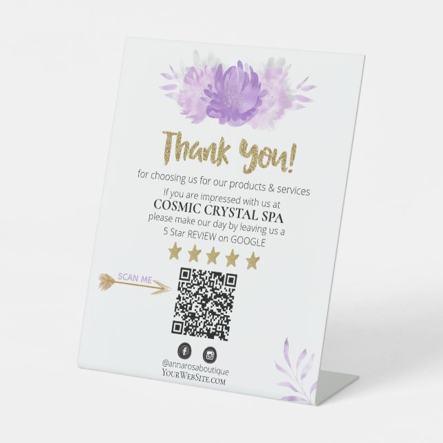 *~* QR FLORAL PINK Review Logo THANK YOU AP8 Pedestal Sign (Front)