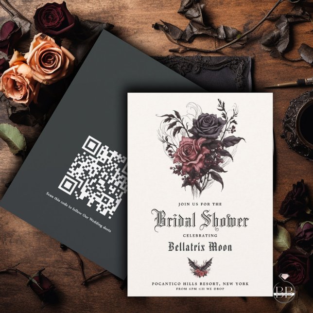 QR Goth Rosewood Black Roses Floral Bridal Shower Invitation (Creator Uploaded)