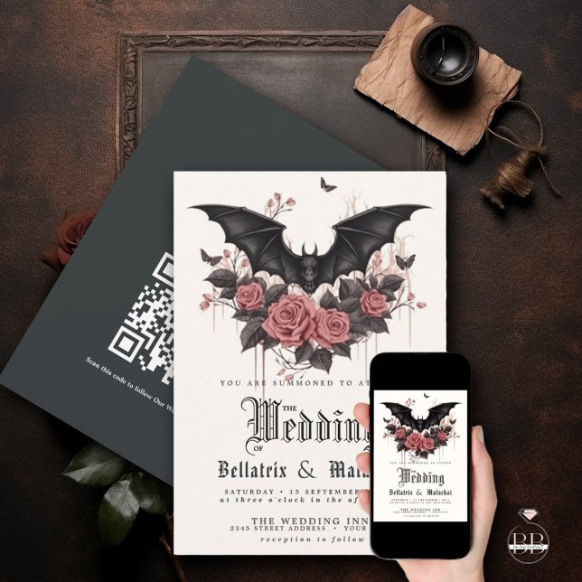 QR Goth Rosewood Roses Black Bat Bouquet  Invitation (Creator Uploaded)