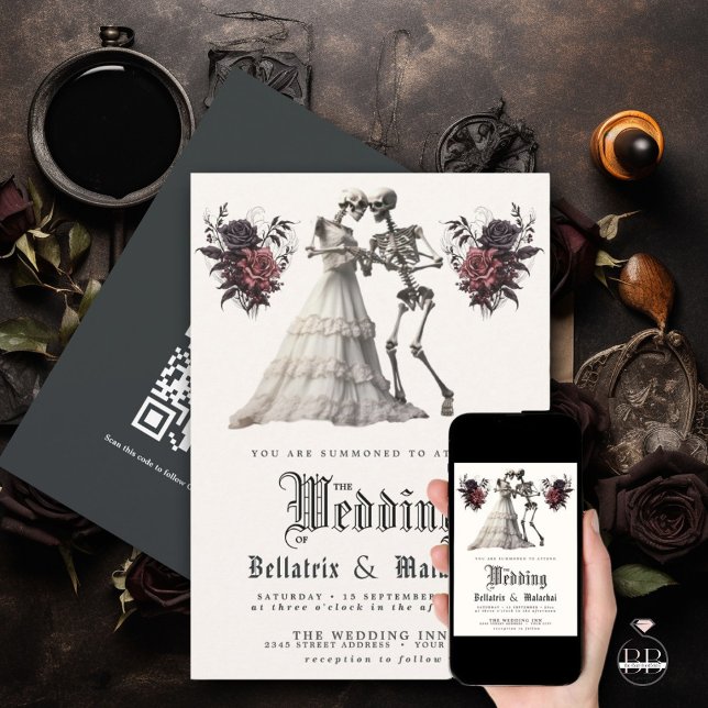 QR Gothic Rosewood Bouquet Skeleton Couple  Invitation (Creator Uploaded)