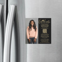 QR Graduation Black Gold Photo Announcement Magnet