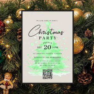 QR Green Christmas Tree Christmas Party Invitation
