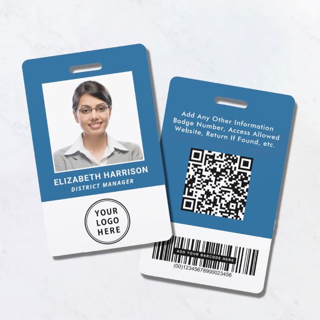 QR Logo Bar Codes Employee Photo Blue ID Badge (Creator Uploaded)
