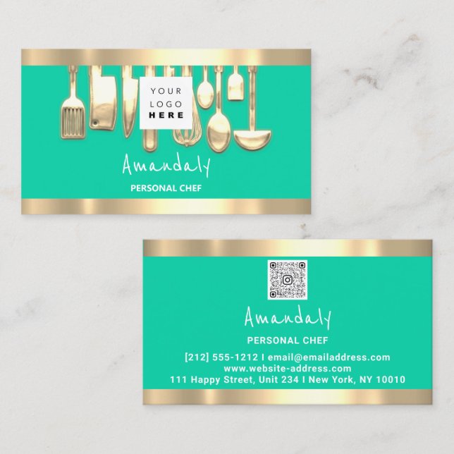 QR Logo Personal Chef Cooking Restaurant Food Mint Business Card (Front/Back)