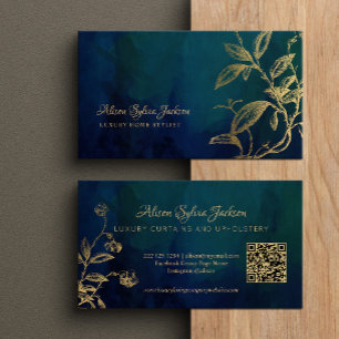 QR Luxury navy blue elegant faux gold foil foliage Business Card
