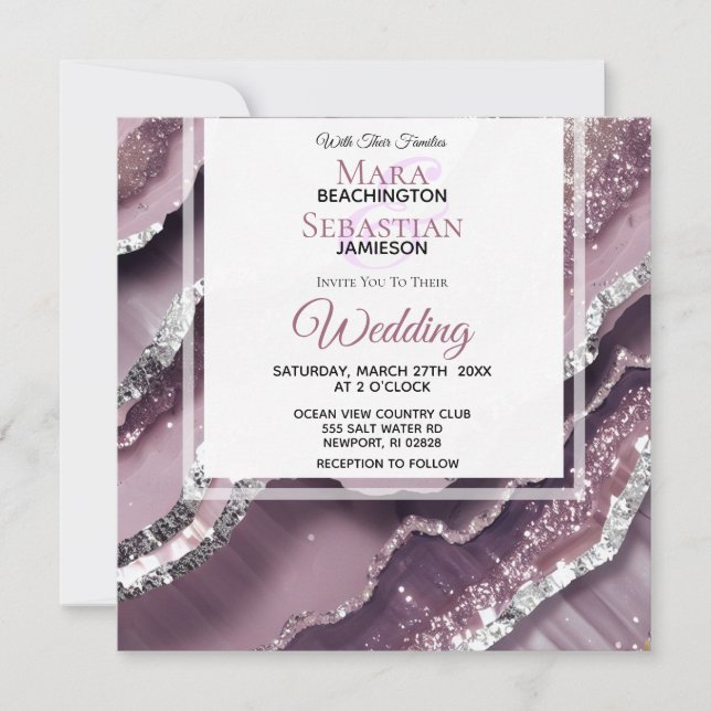 *~*  QR MAUVE Silver AGATE AR66 RSVP Wedding Invitation (Front)
