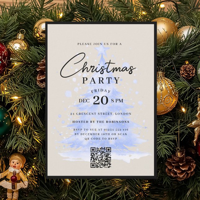 QR Navy BLUE Christmas Tree Christmas Party Invitation (QR Navy BLUE Christmas Tree Christmas Party Invitation)