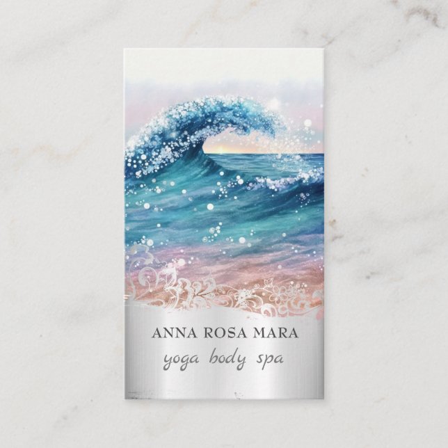 *~* QR Ornate Beach Waves Ocean AR7 Sand Sea Business Card (Front)
