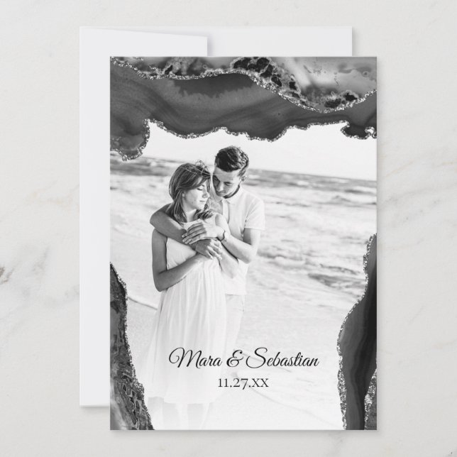 *~* QR  PHOTO  RSVP AR13 AGATE Black  Wedding Invi Invitation (Front)