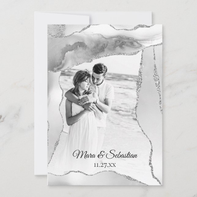 *~* QR  PHOTO  RSVP AR13 Silver AGATE Wedding  Invitation (Front)