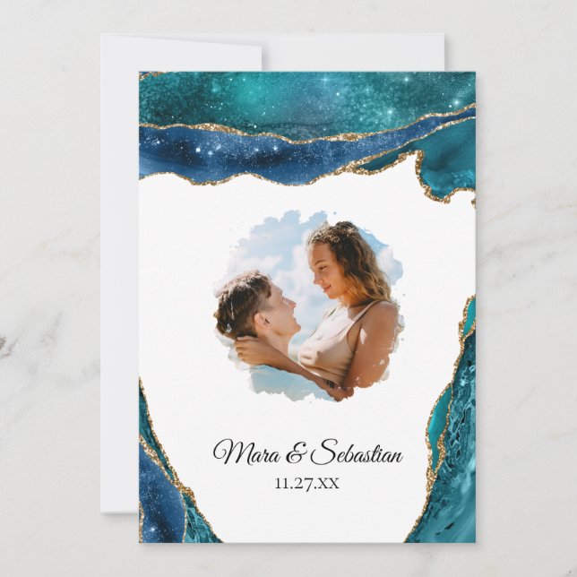 *~* QR - PHOTO - RSVP AR13 Teal AGATE  Wedding Invitation (Front)