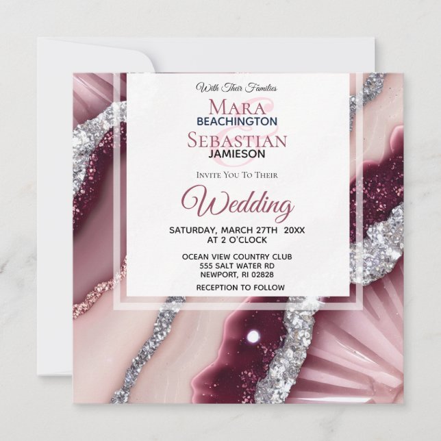 *~* QR PINK BURGUNDY Agate RSVP AR66 Wedding Invitation (Front)