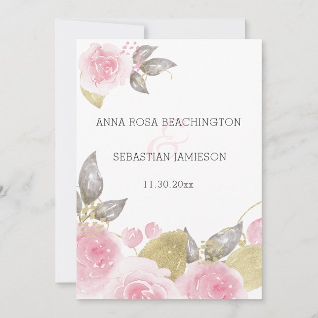 *~* QR Pink Roses AR15 - RSVP Gold Floral Wedding Invitation (Front)