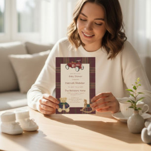 QR Plaid Teddy Bear Toy Car Baby Shower Invitation