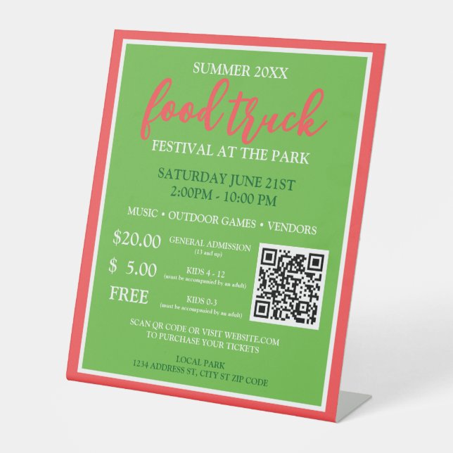 QR Purchase Tickets – Summer Food Truck Festival Pedestal Sign (Front)