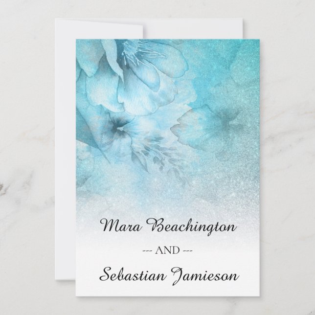 *~* QR RSVP Floral Glitter Blue Teal  Wedding Invitation (Front)