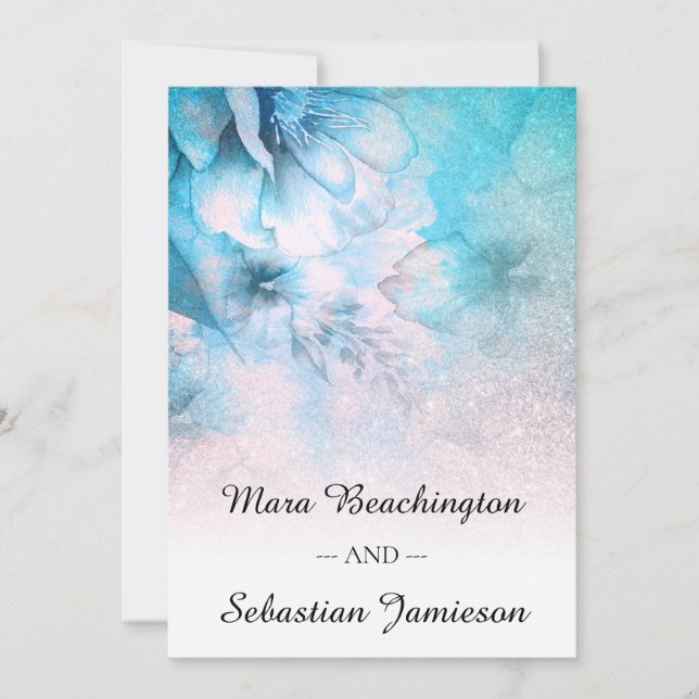 *~* QR RSVP Floral Glitter Pink Aqua Wedding Invitation (Front)