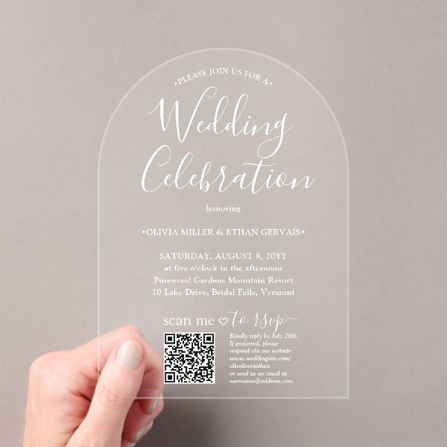 QR RSVP Simple Script Wedding Celebration Arched Acrylic Invitations (Insitu (Handheld))