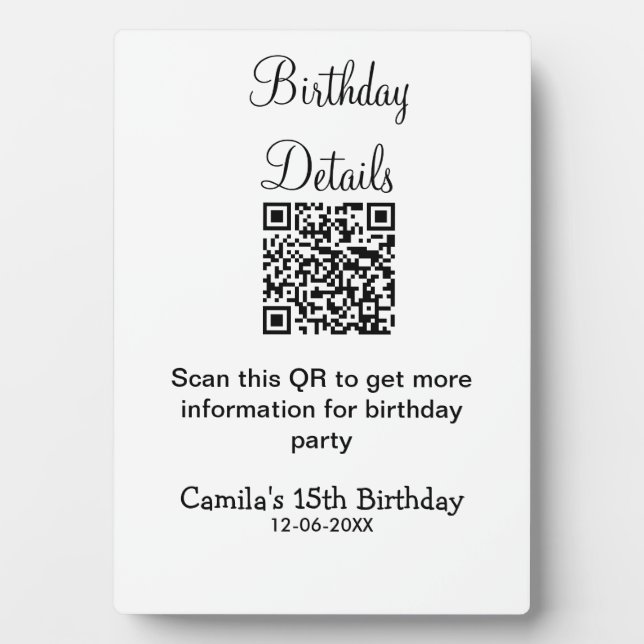 QR scan birthday party details modern 15 birthday  Plaque (Front)