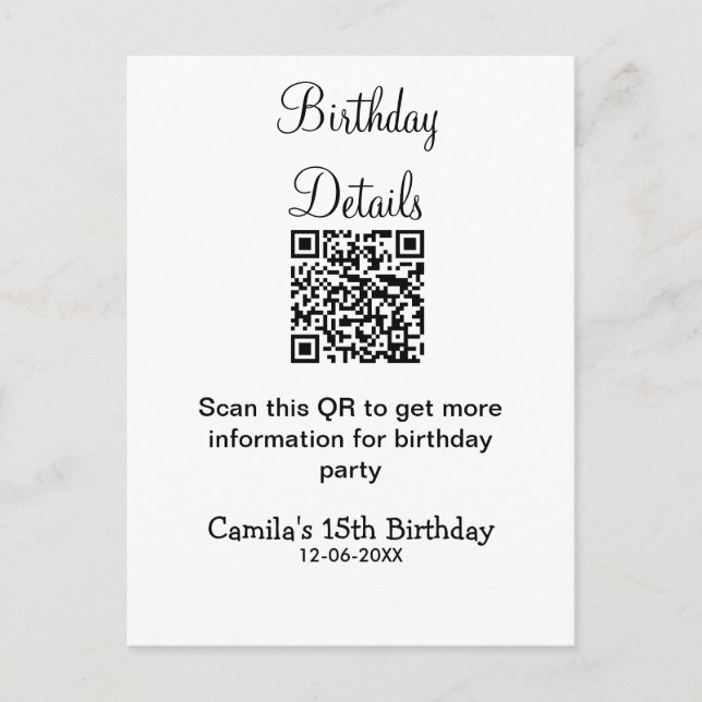 QR scan birthday party details modern 15 birthday  Postcard (Front)