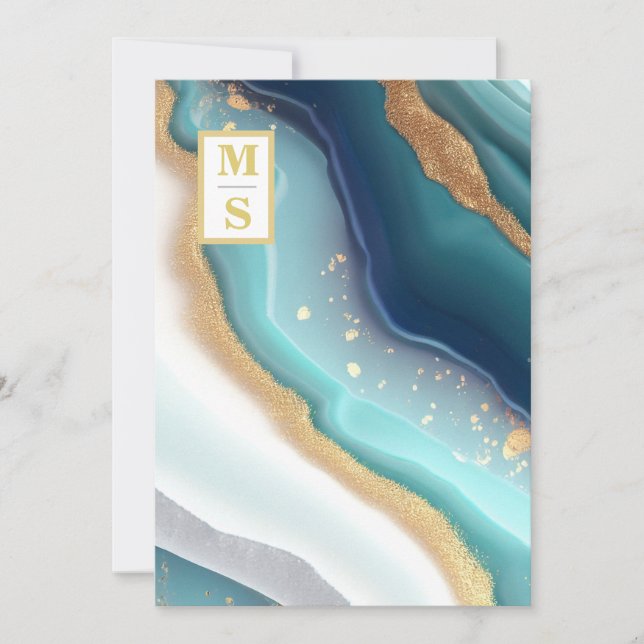 *~  QR TEAL Monogram AR66 RSVP Agate Wedding Invitation (Front)