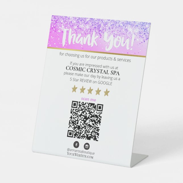 *~* QR THANK YOU REVIEW Violet Pink Glitter AP8 Pedestal Sign (Front)