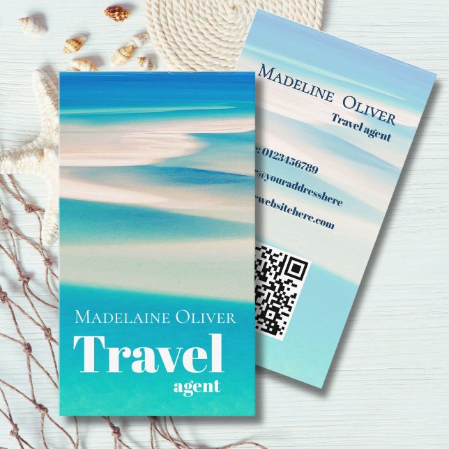 QR Travel Business Ocean Beach Sea Modern Blue  Business Card (Creator Uploaded)