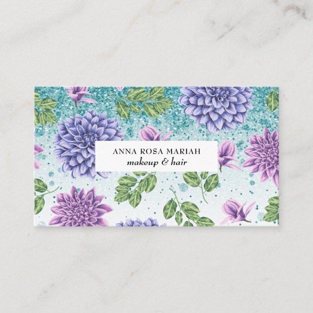 *~* QR Turquoise Floral Succulent Pattern  Glitter Business Card (Front)