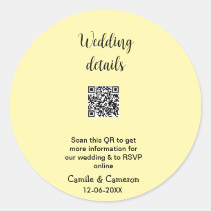 QR WEDDING WEBSITE add photoname date black white Classic Round Sticker