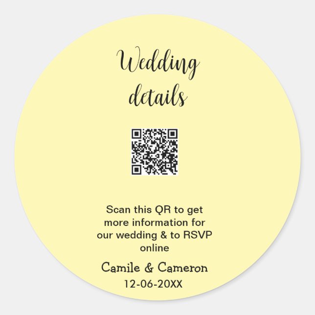 QR WEDDING WEBSITE add photoname date black white  Classic Round Sticker (Front)