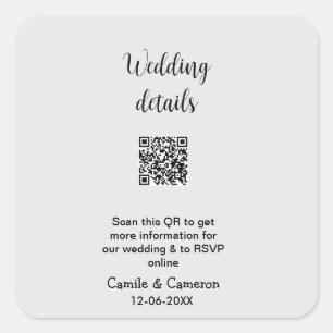 QR WEDDING WEBSITE add photoname date black white Square Sticker