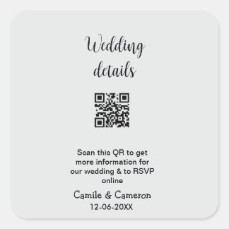 QR WEDDING WEBSITE add photoname date black white  Square Sticker