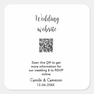 QR WEDDING WEBSITE add photoname date black white Square Sticker