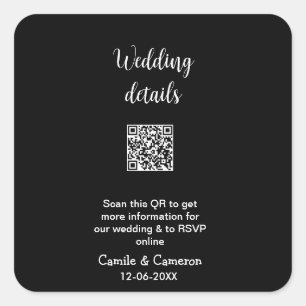 QR WEDDING WEBSITE add photoname date black white Square Sticker