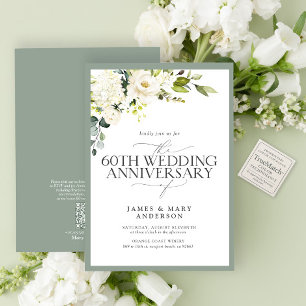 QR White Green Flowers 60th Wedding Anniversary Invitation