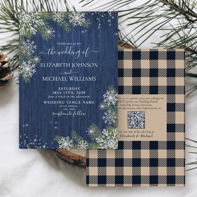 QRCode Blue Silver WinterWood Plaid Rustic Wedding Invitation (Creator Uploaded)