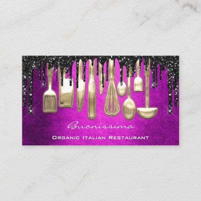 QRCode Chef Kitchen Drips Logo Knife Pink Gold Business Card (Front)