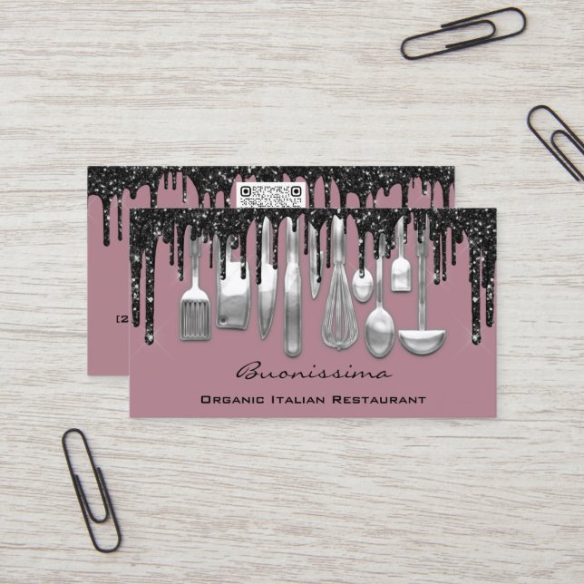 QRCode Chef Kitchen Drips Logo Knife Silver Purple Business Card (Front/Back In Situ)