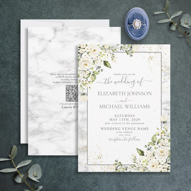 QRCode Light Grey White Floral Gold Marble Wedding Invitation (Creator Uploaded)