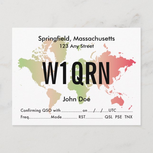 QSL Card Retro World Red & Green Map  (Front)