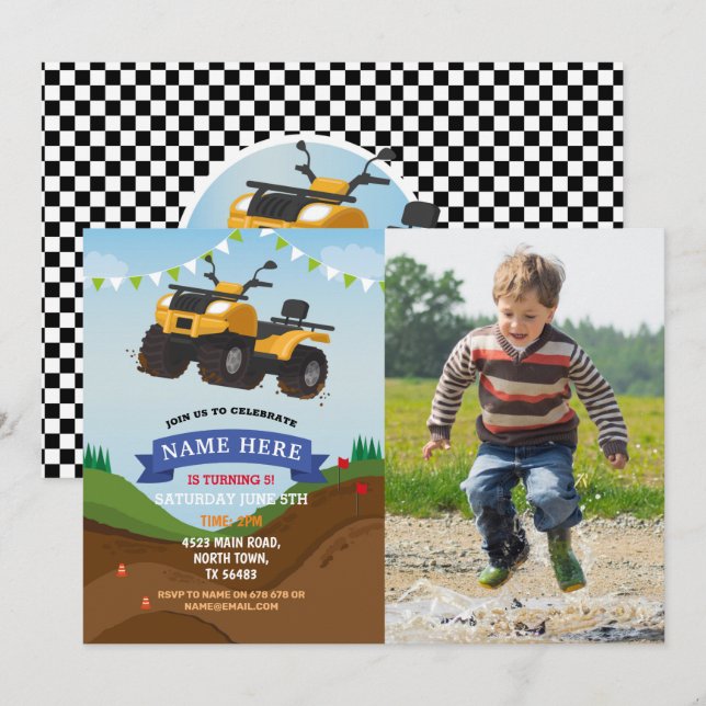 Quad Bike Birthday Invitation Riding Mud Fun Photo (Front/Back)