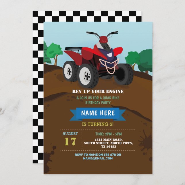 Quad Bike Birthday Invitation Riding Mud Fun Track (Front/Back)