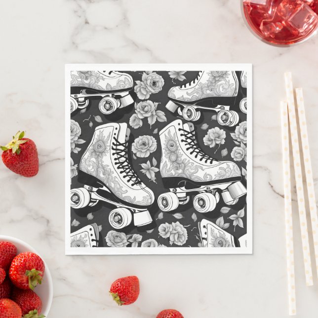 Quad skates, roses, black and  white design.    napkin (Insitu)