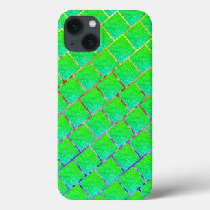 Quadrados verde azulado, linhas em três cores. iPhone 13 case