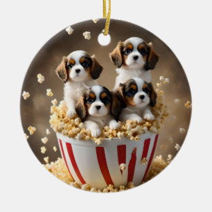 Quads Cavalier Spaniel Puppies In The Popcorn, Ceramic Ornament